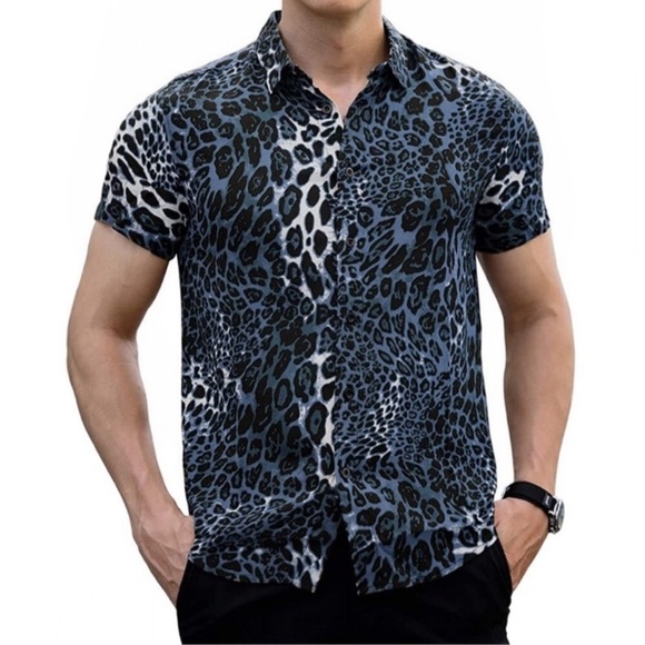 Men Shirt Blue Leopard Print Button Down Stylish - Picture 5 of 5